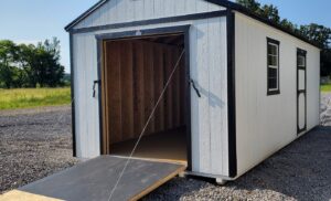 Work shop style garage with 7' ramp for easy access and exit for sale or rent to own in Natchez MS by Blaylock Portable Buildings